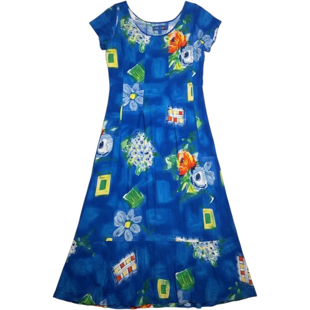 Jams World Blue Floral Rayon Midi Dress Short Sleeve Back Tie Womens Size M